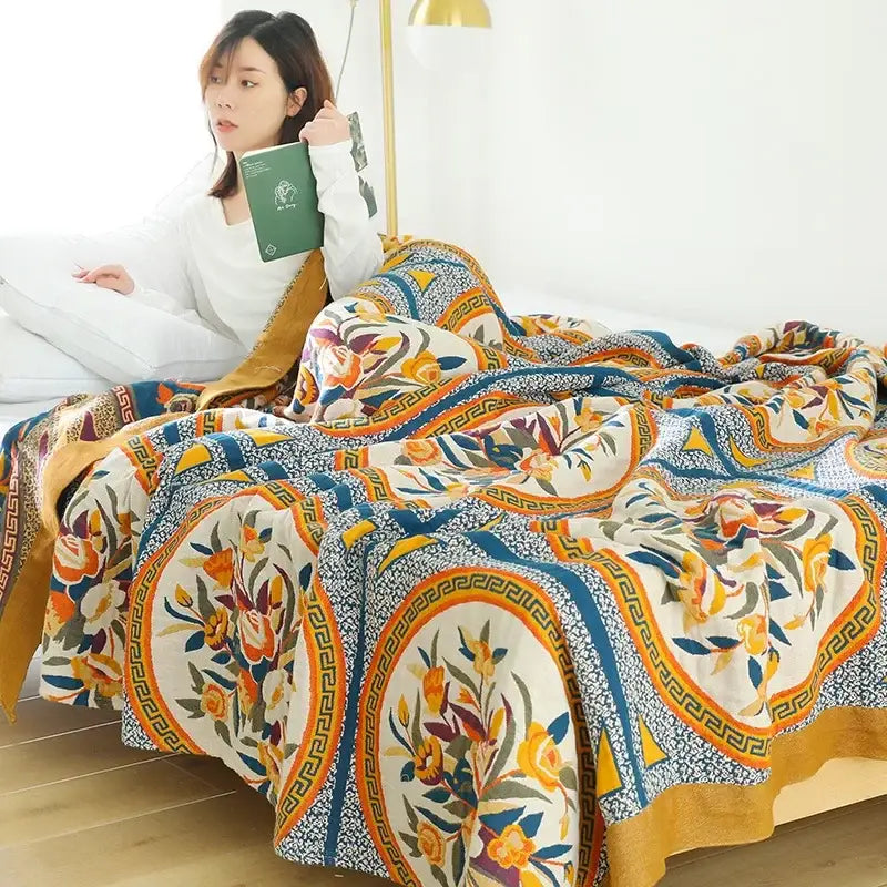Boho floral cotton gauze leisure blanket with vibrant blue orange yellow cream patterns for cozy decorbites cotton gauze use