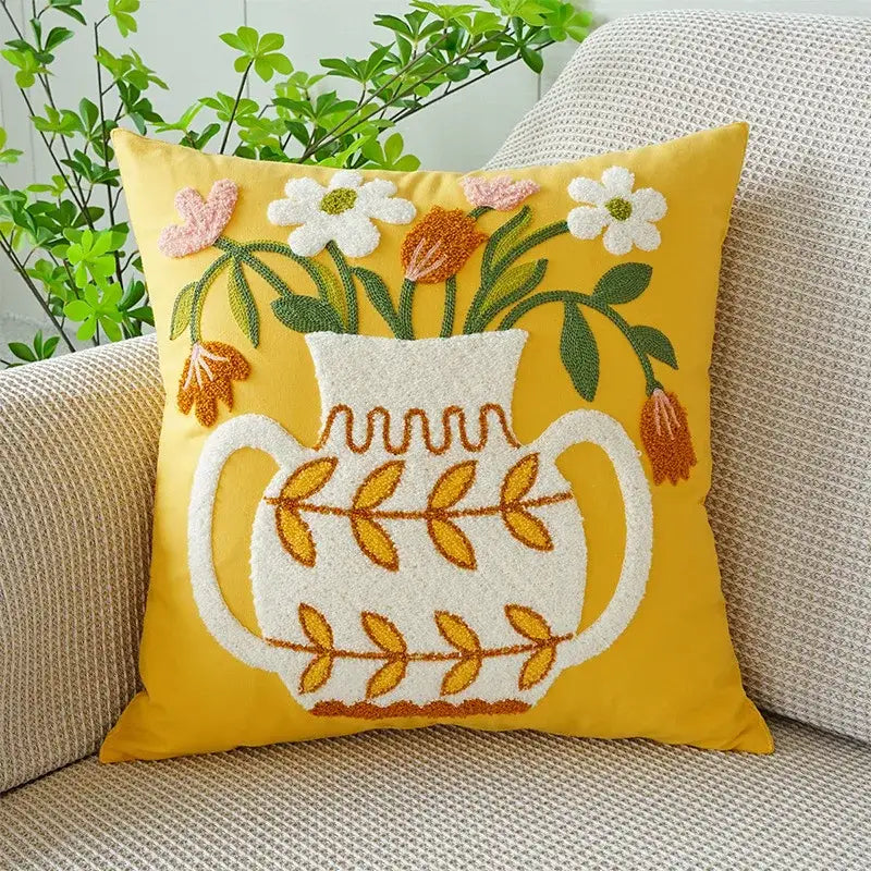 Yellow cushion cover with boho floral embroidered white vase and multicolor floral design for decorbites boho floral living room decor