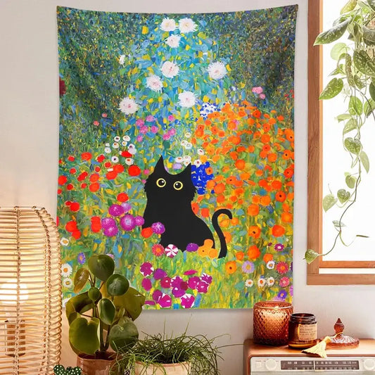 Boho floral garden cat tapestry wall hanging featuring a vibrant floral pattern with a black cat for bedroom decorbites decor
