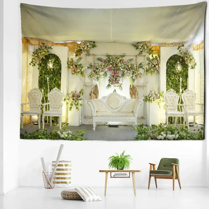 White floral wedding scene tapestry featuring boho floral garden design for decorbites garden landscape living room wall art