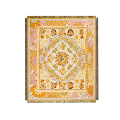 Soft vintage-inspired boho floral sofa throw blanket with vibrant yellow pink cream floral pattern and intricate border decorbites boho floral