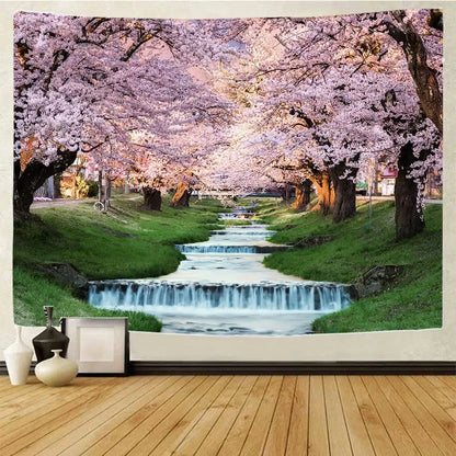 Boho forest waterfall art tapestry featuring a scenic pink cherry blossom pathway printed on fabric for wall decorbites decor