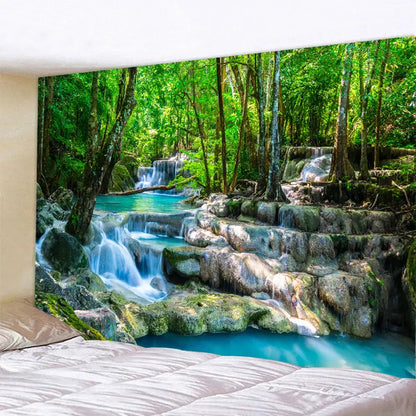 Vibrant turquoise boho forest waterfall art tapestry with lush green forest and mossy rocks for living room decorbites forest waterfall decor