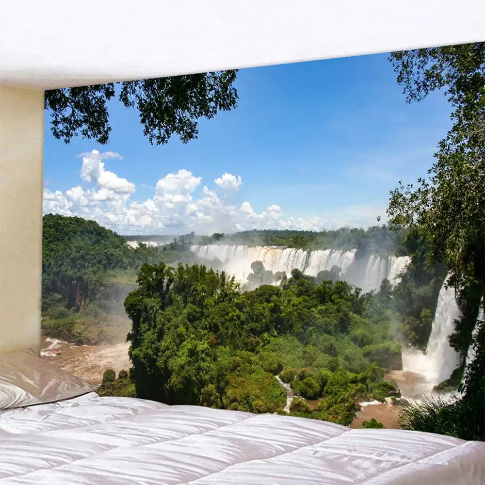 Boho forest waterfall art tapestry featuring vibrant iguazu falls greenery and waterfalls under a bright blue sky for living room decor