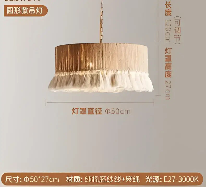 Boho fringe hemp pendant light with golden fringe and white cotton thread tassels for living room decorbites boho fringe