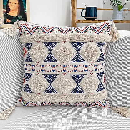 Beige and navy blue geometric boho fringe pillow cover with textured tassels for decorbites boho fringe decor