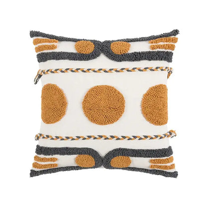 Cozy white cushion cover with mustard-yellow and dark gray tufts and braided rope trim for boho geometric embroidered cotton decorbites decor