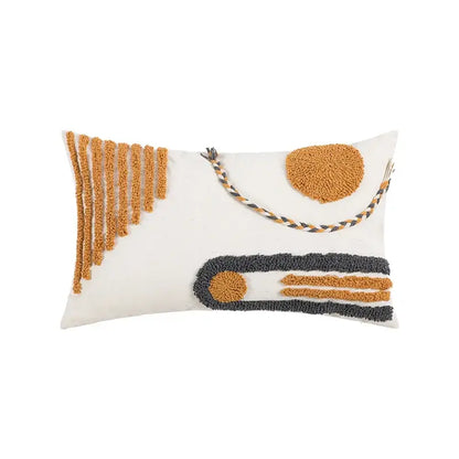 White rectangular cushion cover with geometric embroidered cotton design in mustard yellow and dark gray for living room decorbites decor