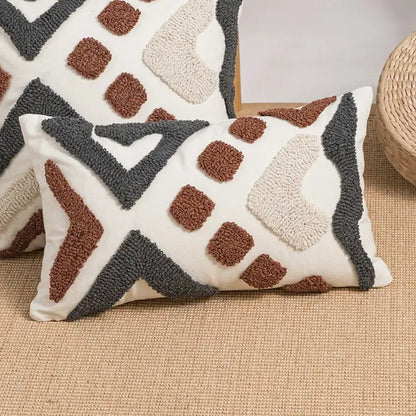 White rectangular cushion cover with brown and gray textured decorbites geometric embroidery boho patterns