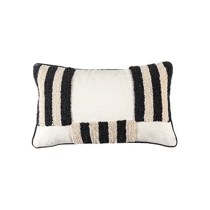 Black and cream striped rectangular cushion cover with textured tufted design for decorbites boho geometric decor