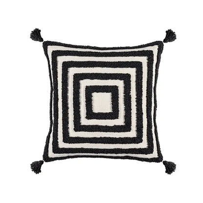 Cream-colored boho geometric tufted cushion cover with black embroidery and tassels for living room decorbites decor