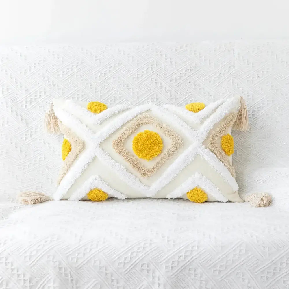 Cream and yellow geometric-patterned woven cushion cover with tassels for decorbites boho geometric tufted decor