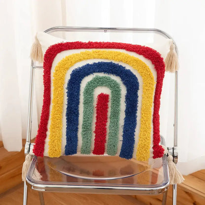 Colorful fluffy rainbow boho geometric tufted cushion cover with tassels for living room decorbites boho geometric style