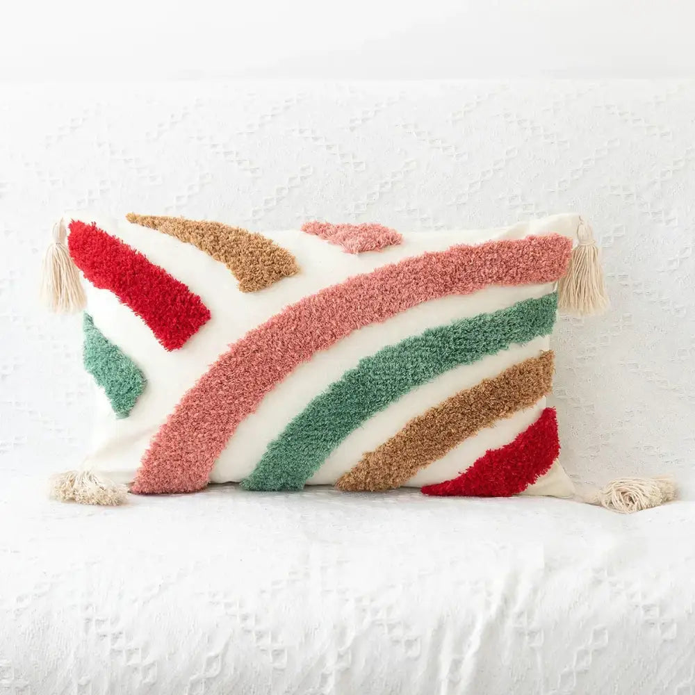 Colorful boho geometric tufted cushion cover with white base and vibrant yarn stripes for living room decorbites decor