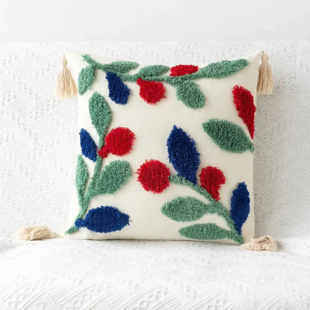 Cream-colored cushion cover with fluffy red and blue berry tufted embroidery and beige tassels for living room decorbites geometric tufted decor