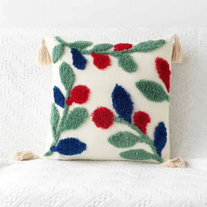 Cream-colored cushion cover with fluffy red and blue berry tufted embroidery and beige tassels for living room decorbites geometric tufted decor