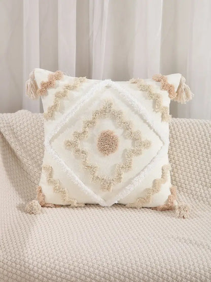 Cream-colored cushion cover with beige decorbites geometric tufted embroidery and tassels for living room decor