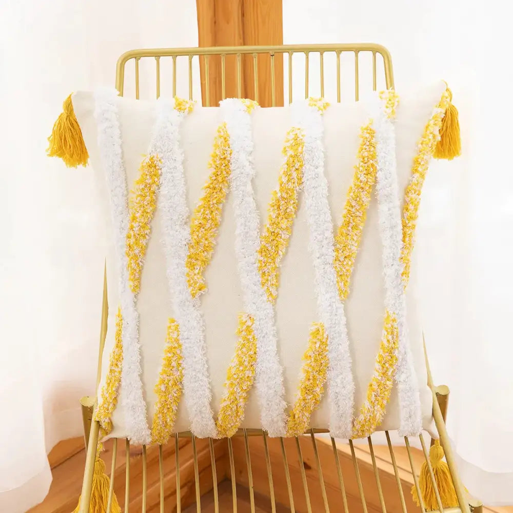 White and yellow textured tufted embroidery cushion cover with tassels boho geometric decorbites living room decor