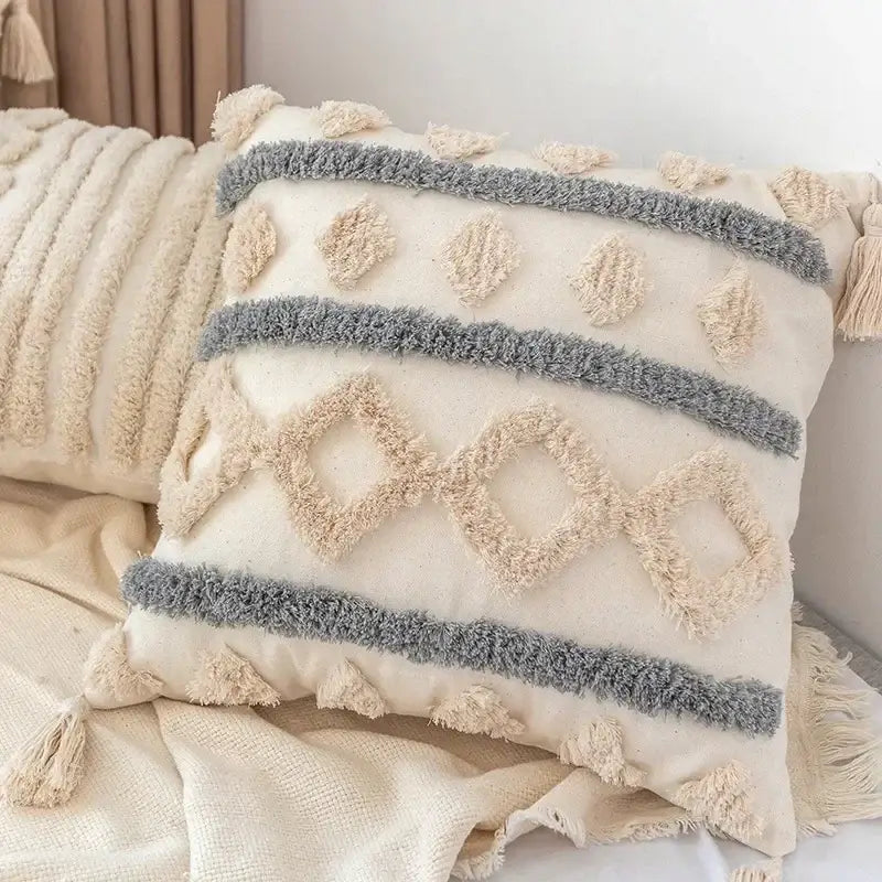 Cream-colored boho geometric tufted pillow cover with textured fringed cushion cover in beige and gray for living room decorbites set of 4