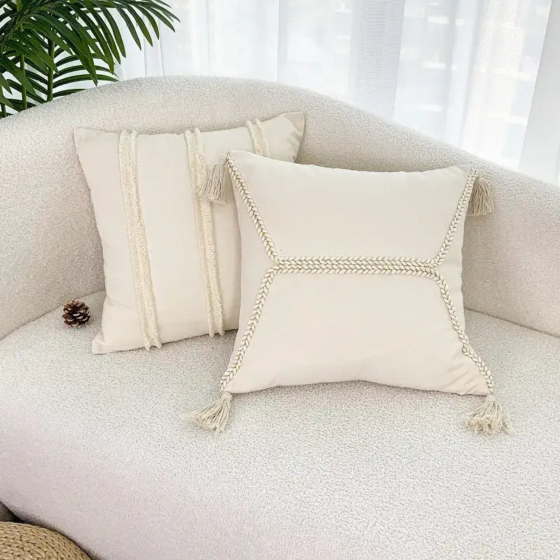 Cream-colored boho geometry fringed cushion cover with braided rope detailing and tassels for living room decorbites pillow