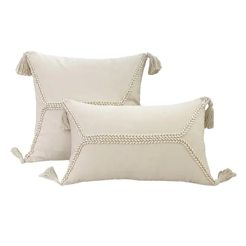 Cream-colored boho geometry fringed cushion cover with braided rope trim and tassels for living room decorbites pillow