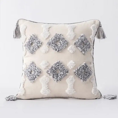 Cream-colored boho morocco tufted cushion cover with gray white diamond patterns and tassels for living room decorbites decor