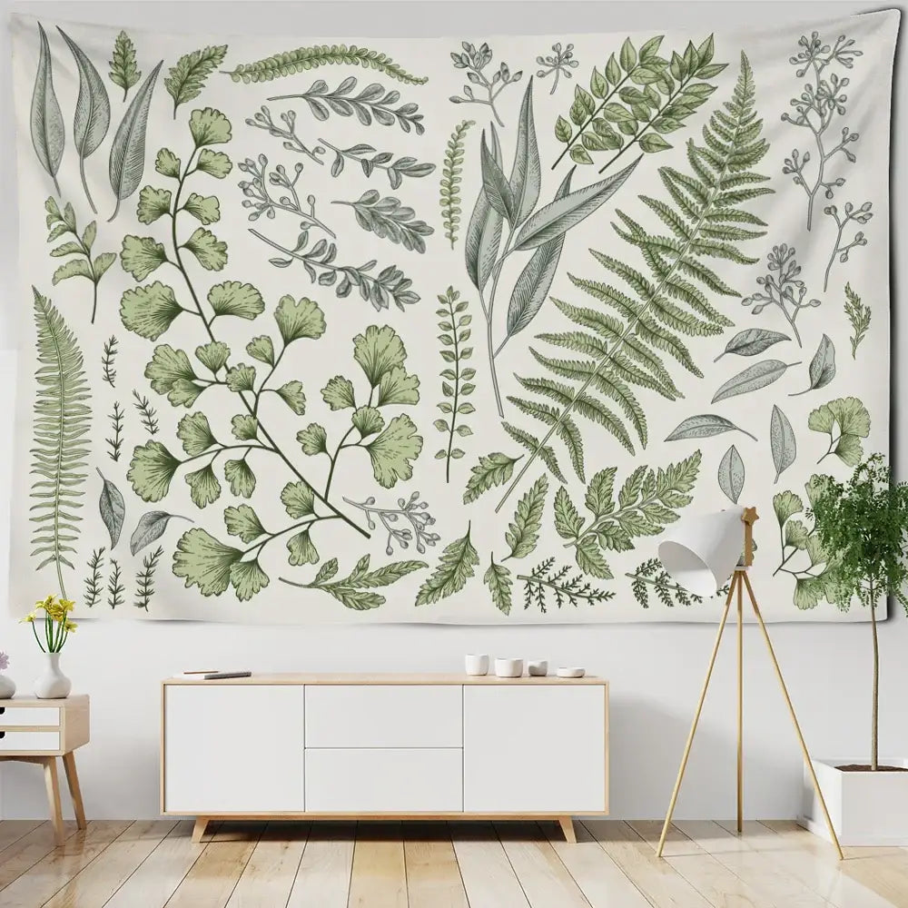 Bohobites botanical tapestry wall hanging featuring green and gray leaf illustrations on cream for bedroom decor