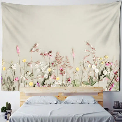Beige floral tapestry with pink white and yellow blossoms for decorbites boho green leaf bedroom wall hanging decor