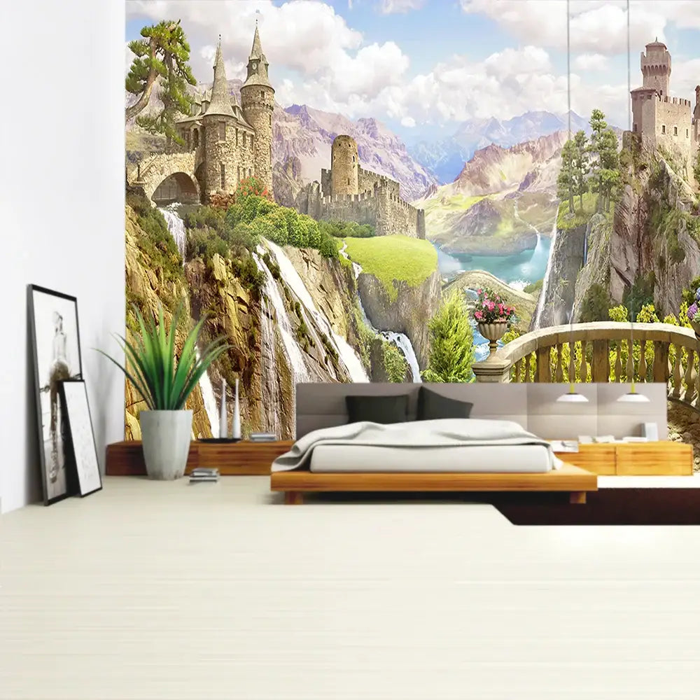 Boho green plant landscape tapestry featuring a detailed fantasy castle mural with stone towers and lush greenery decorbites green plant
