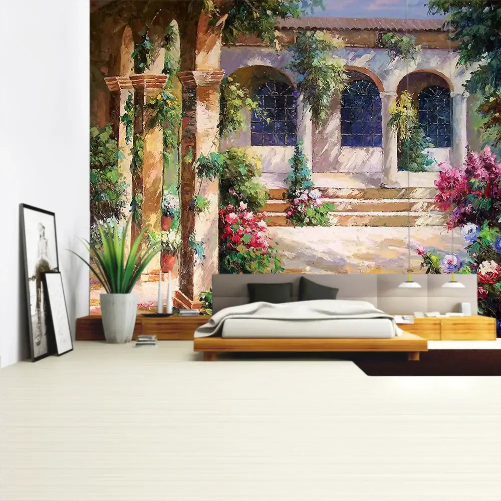 Boho green plant landscape tapestry featuring a vibrant italian village courtyard with lush greenery for bedroom decorbites decor