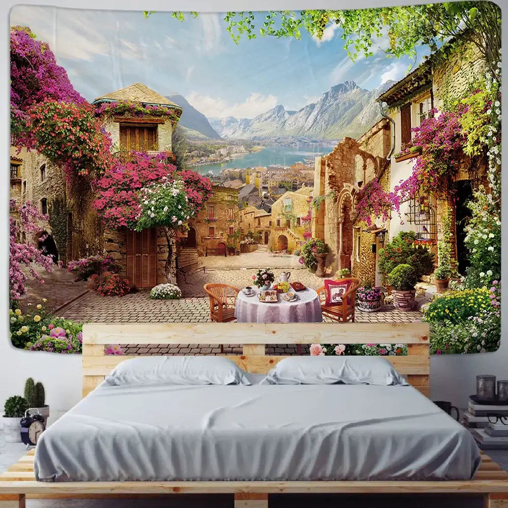Vibrant boho green plant landscape tapestry with floral italian village scene hanging above bed for bedroom decorbites decor