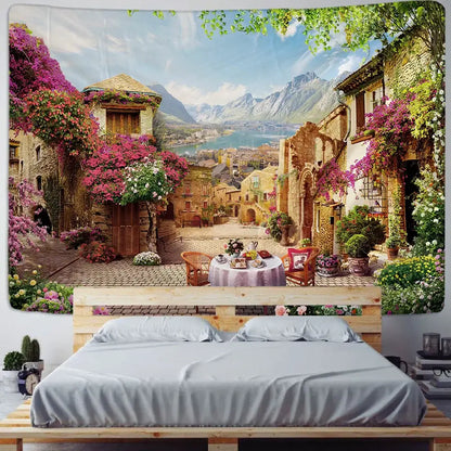 Vibrant boho green plant landscape tapestry with floral italian village scene hanging above bed for bedroom decorbites decor