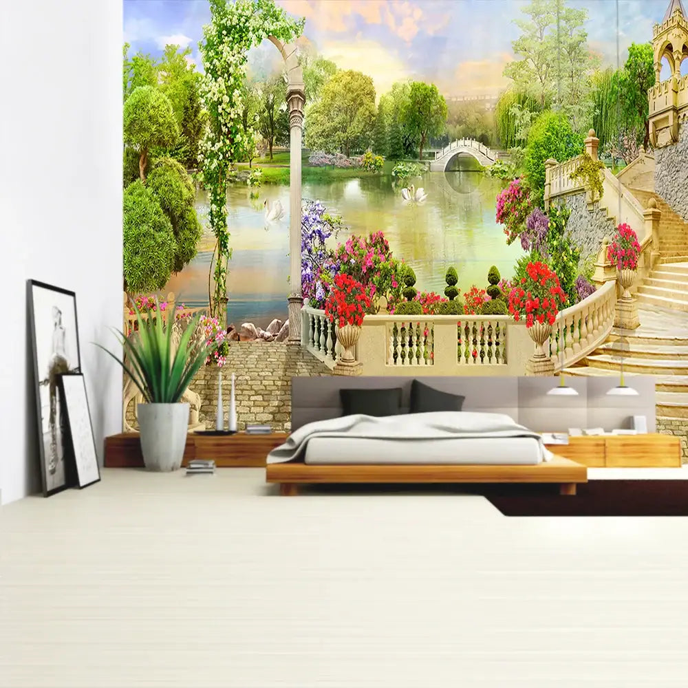 A boho green plant landscape tapestry featuring a vibrant garden mural with a stone bridge swans and colorful flowers decorbites green plant decor