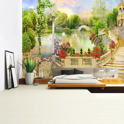 A boho green plant landscape tapestry featuring a vibrant garden mural with a stone bridge swans and colorful flowers decorbites green plant decor