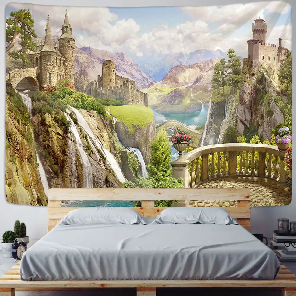 A boho green plant landscape tapestry with vibrant medieval castle decor and lush greenery for bedroom italian village decor