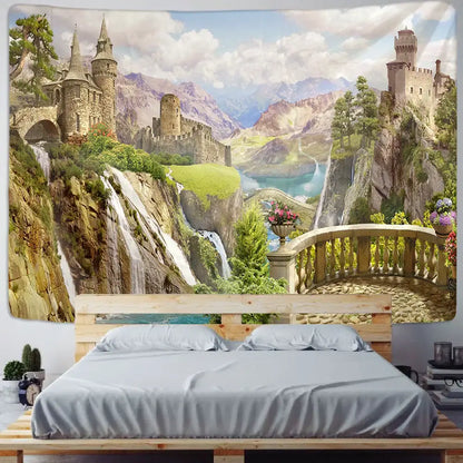 A boho green plant landscape tapestry with vibrant medieval castle decor and lush greenery for bedroom italian village decor