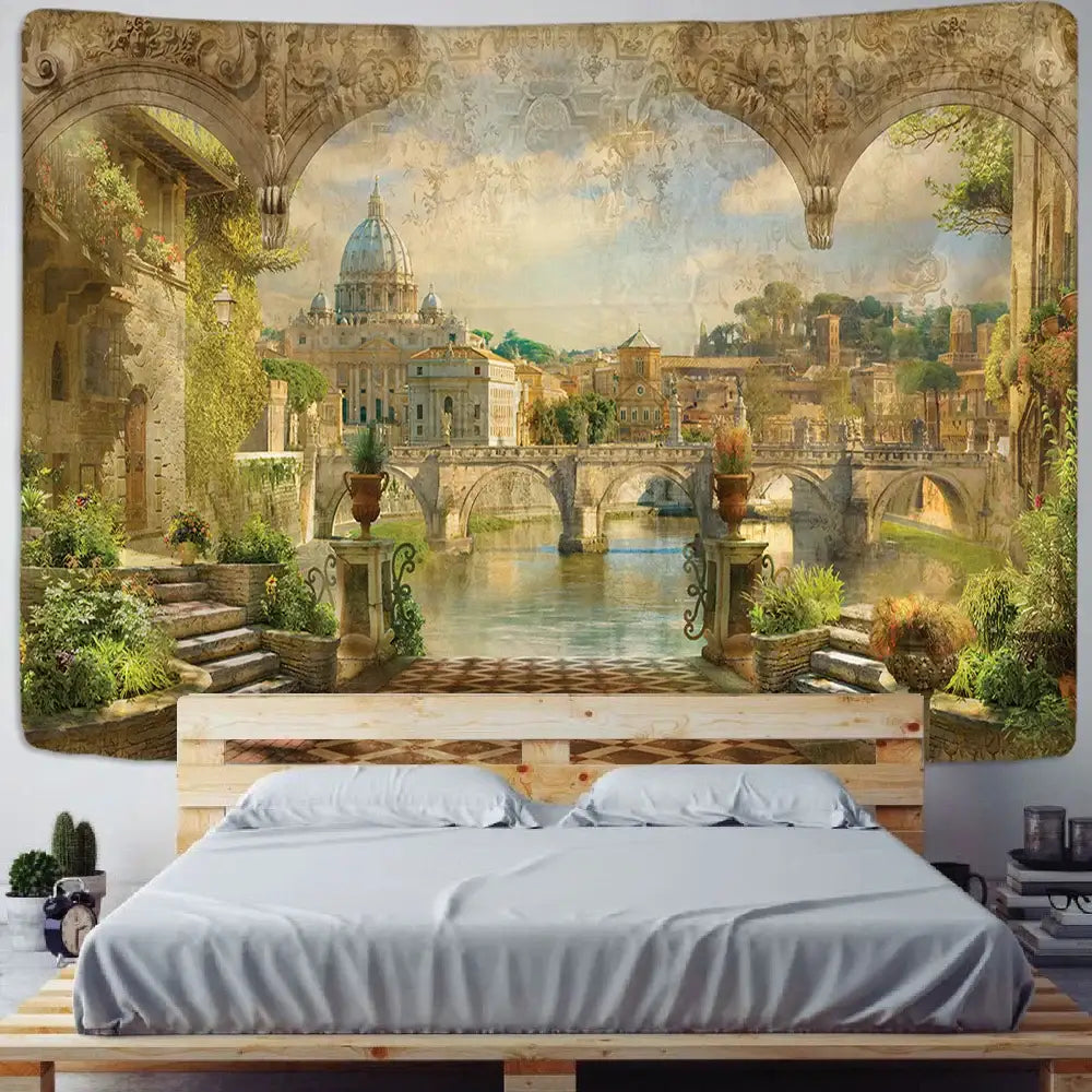 Vintage-style green plant landscape tapestry featuring rome scenery and st. peter dome for decorbites bedroom decor