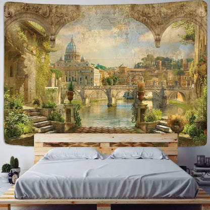 Vintage-style green plant landscape tapestry featuring rome scenery and st. peter dome for decorbites bedroom decor
