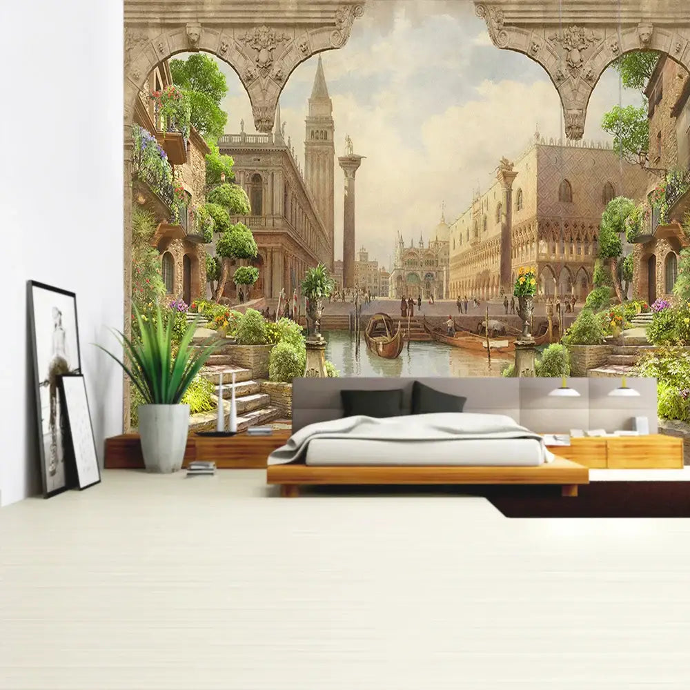 Boho green plant landscape tapestry featuring a sepia venetian canal scene with ornate archways for bedroom decorbites decor