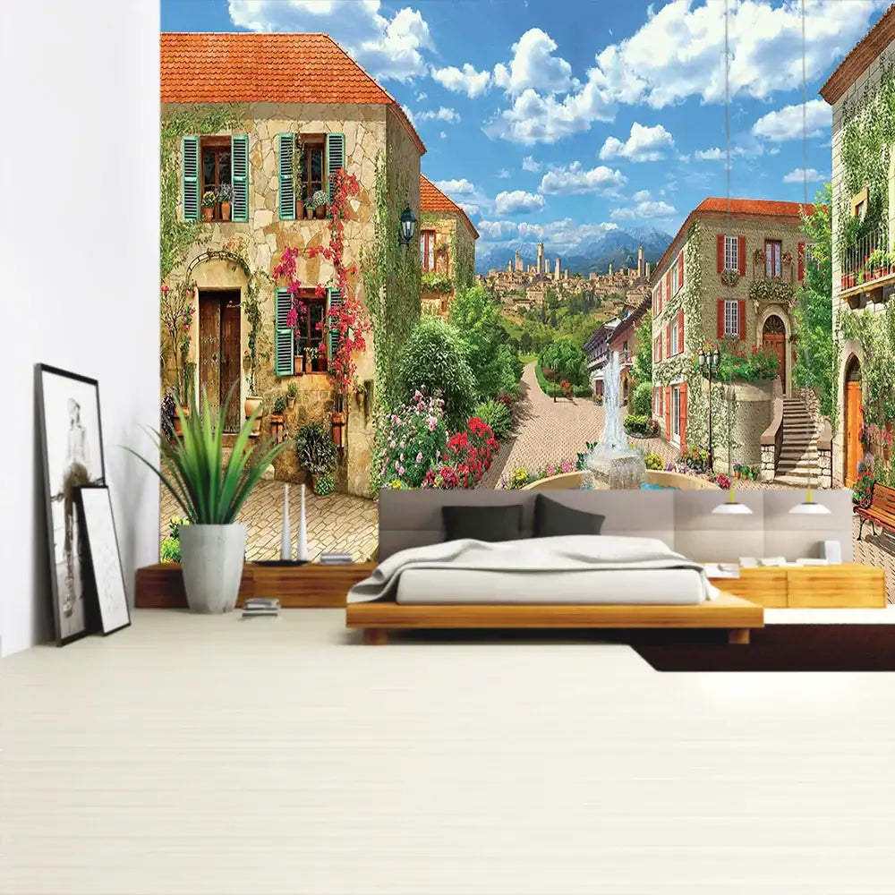 Boho green plant landscape tapestry featuring a vibrant sunlit italian village with ivy-covered stone buildings decorbites green plant