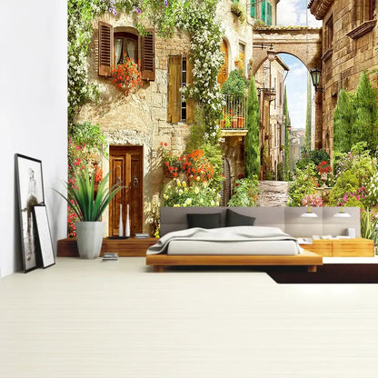 A boho green plant landscape tapestry featuring a sunlit italian village with stone buildings and flowering vines decorbites green plant