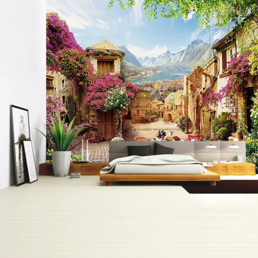A vibrant 3d mural wallpaper tapestry featuring a sunlit european village with purple vines for decorbites green plant decor