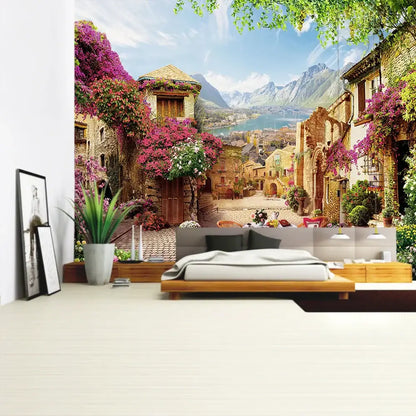A vibrant 3d mural wallpaper tapestry featuring a sunlit european village with purple vines for decorbites green plant decor