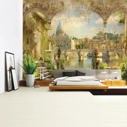 Boho green plant landscape tapestry featuring a detailed vintage european cityscape for bedroom decorbites decor