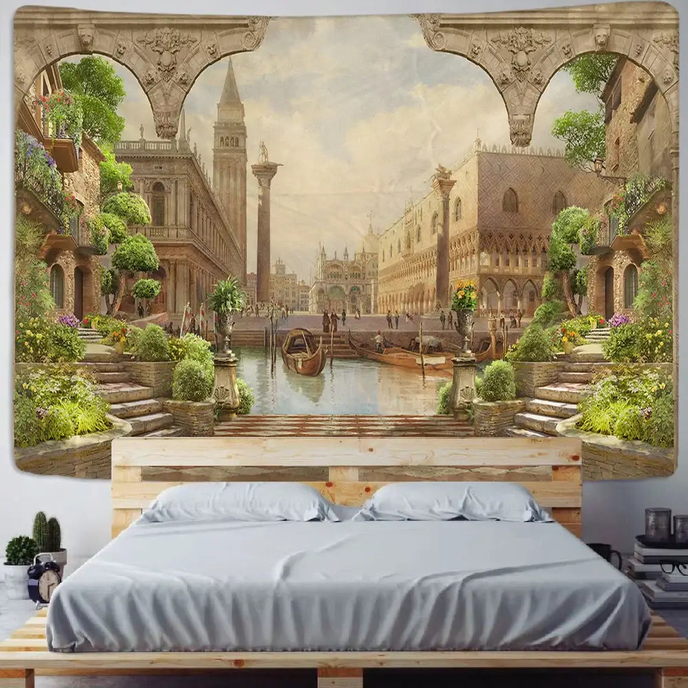 Vintage-style venetian canal plant landscape tapestry with intricate stone arches and warm sepia tones for bedroom decorbites green plant decor