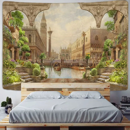 Vintage-style venetian canal plant landscape tapestry with intricate stone arches and warm sepia tones for bedroom decorbites green plant decor