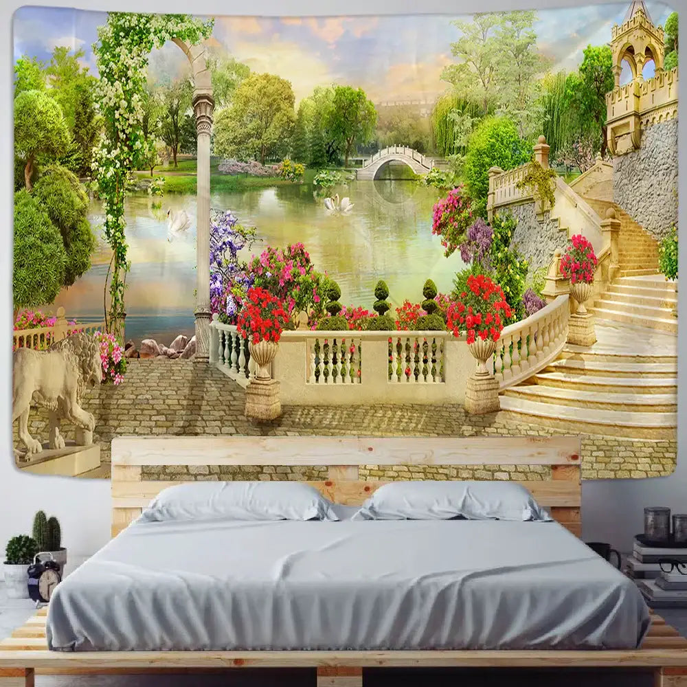 A vibrant 3d printed plant landscape tapestry with red and purple flowers and stone arches for decorbites green plant decor