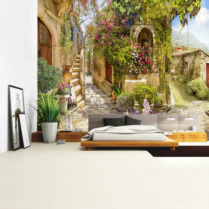 A boho green plant landscape tapestry decorbites bedroom features a wooden bed and italian village wall mural