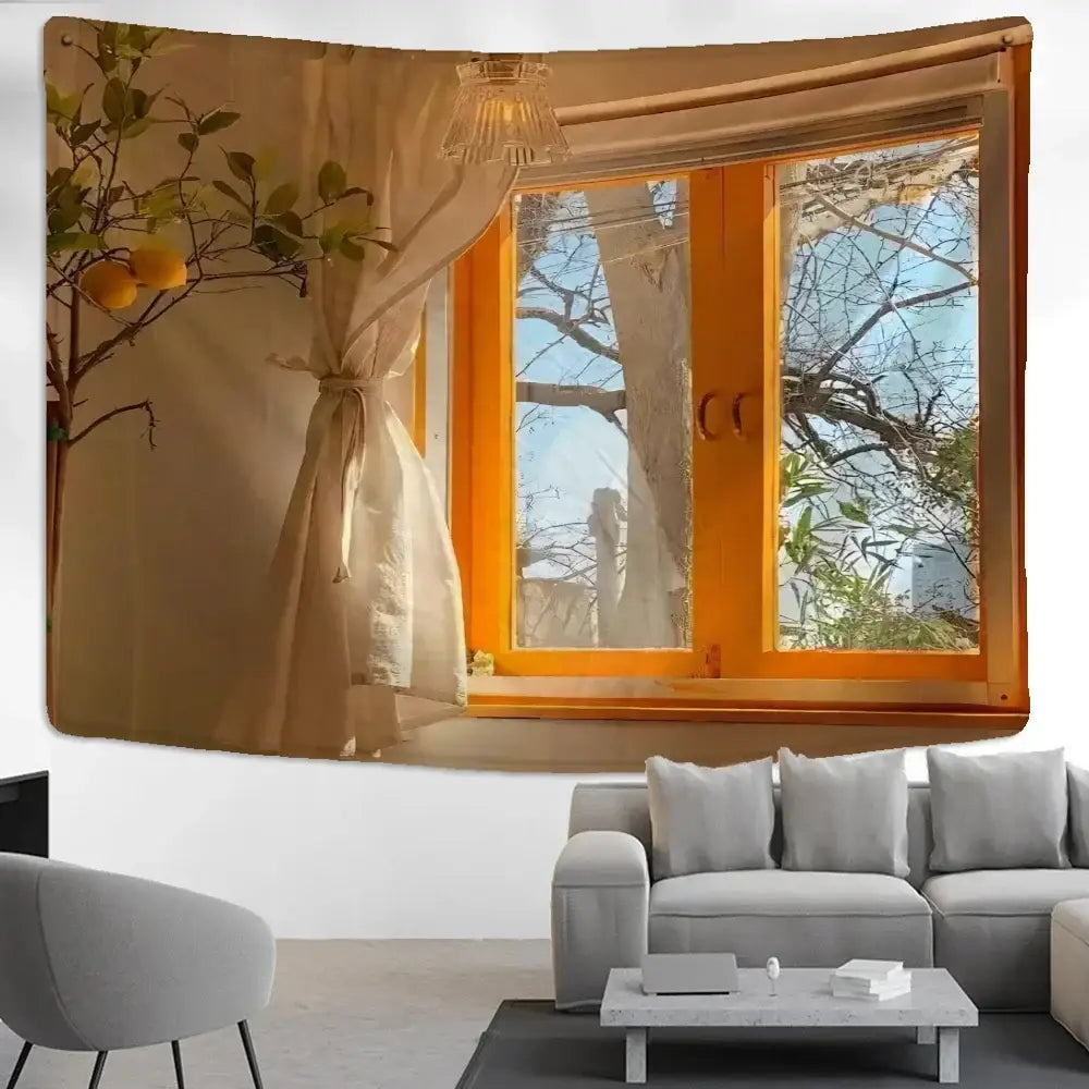 Boho hippie wall tapestry featuring an orange-framed window with sheer curtains and a lemon tree branch decorbites hippie wall tapestry