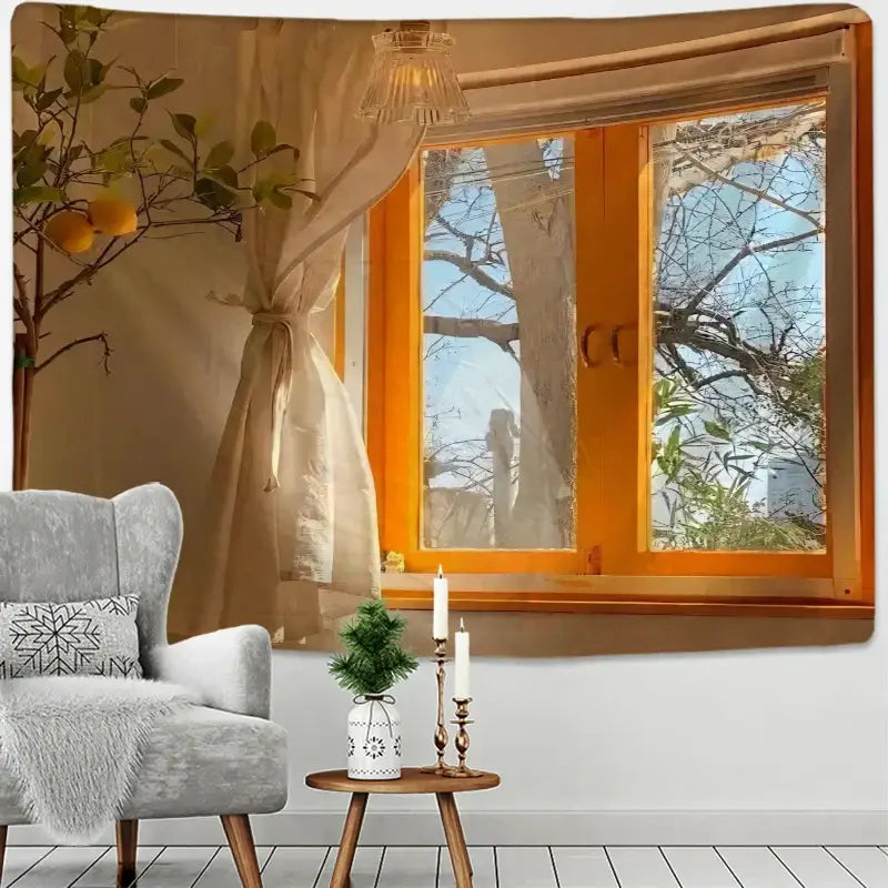 Orange-framed boho hippie wall tapestry with sheer curtains and tree view for bedroom decorbites hippie wall tapestry